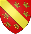 Blason du Haut-Rhin : de gueules à la bande d'or accompagnée de six couronnes du même, trois en chef et trois renversées en pointe.