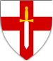 A white crusader sword, point down and with a golden hilt, on top of the red cross of St George. The entire emblem is within a white shield.