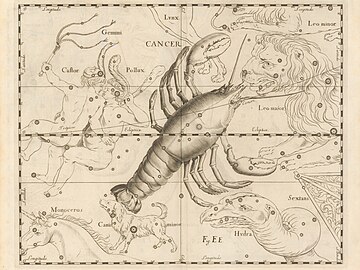 ヨハネス・ヘヴェリウス『Prodromus Astronomiae』(1690) に描かれた、ロブスター型のかに座。