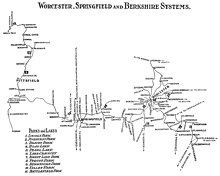 Map showing streetcar networks surrounding Worcester, Springfield, and Pittsfield, Massachusetts