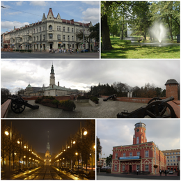 Częstochowa tourist's attractions, Top left: eclectic Kamienica Kupiecka (1894 - 1907), Top right: Fountain at Stanisław Staszic Park, Middle: View of May Third Park and Jasna Góra Monastery, Bottom left: View of Holy Virgin Mary Avenue and Jasna Góra, Bottom right: Częstochowa City Hall