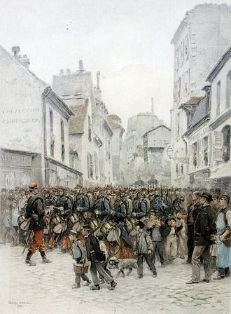 Défilé d'un bataillon d'infanterie dans une rue, musique en tête.