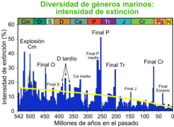 Intensidad de las extinciones en los últimos 450 millones de años, marcando la explosión cámbrica y las extinciones que se producen al final de cada periodo (Ordovícico, Silúrico, Devónico, Carbonífero, las dos del Pérmico, Triásico, Jurásico, Cretácico y Eoceno).