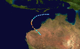 A map of a path across the eastern Indian Ocean near Australia. Most of the country can be seen in the right side of the image. Some of the Indonesian islands are visible at the top