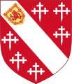 The coat of arms used by the Howard Family. The Scots shield is an augmentation, see below.[8] Gules, on a bend between six cross-crosslets fitchy argent an escutcheon or charged with a demi-lion rampant pierced through the mouth by an arrow within a double tressure flory counterflory of the first.