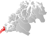 Mapa do condado de Troms com Kvæfjord em destaque.