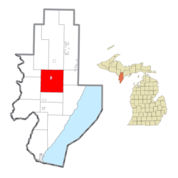 Location within Menominee County (red) and the state of Michigan; administered village of Carney in pink