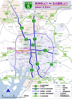 名古屋高速と周辺有料道路のルート図。青線が名古屋高速でオレンジ線が万場線。