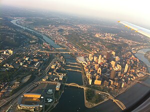 North Shore (left) lies across the Allegheny River from Downtown Pittsburgh
