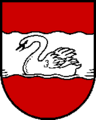 Wellenbalken in Rot, darin ein schwarzer schwimmender Schwan (Dimbach/Oberösterreich)