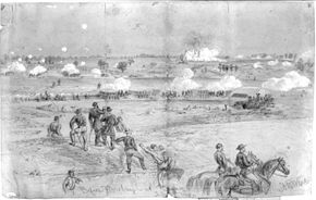 Pencil sketch shows the Battle of the Crater explosion.