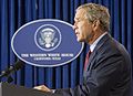 President George W. Bush gives remarks on Hurricane Katrina and the Iraqi constitution from his Crawford, Texas ranch on Sunday August 28, 2005.