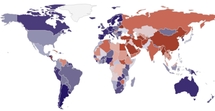 Blue = more academic freedom, red = less academic freedom