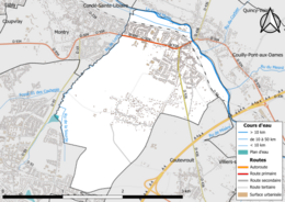 Carte en couleur présentant le réseau hydrographique de la commune