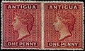 1867 one penny vermillion stamps of Antigua error imperforate between from the Toeg collection.[13]
