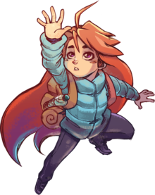 Madeline, a young woman with long bright red hair, wearing a backpack and blue vest, reaches upward with her right hand.