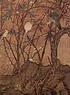 A portrait-oriented painting of four birds perched on a set of vertical branches originating from the same short tree. A fifth bird is hiding behind the base of the tree.