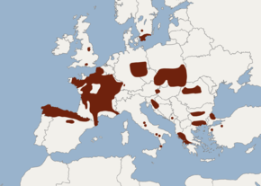 Carte centrée sur l'Europe montrant en rouge les lieux de présence du Murin d'Alcathoé