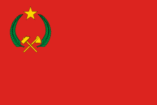 Flag of the People's Republic of the Congo (1970–1991). Red symbolizes the revolution, the star represents communism, while hammer and hoe symbolize workers.