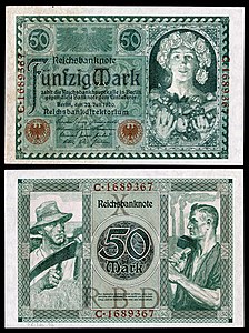 Fifty Mark at German Papiermark, by the Reichsbankdirektorium Berlin