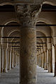 Une colonne à fût en marbre veiné et à chapiteau corinthien à l'intérieur du portique occidental. En arrière-plan, l'alignement symétrique des arcades.