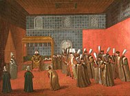 Recepção do embaixador holandês Cornelis Calkoen pelo sultão Amade III no Palácio de Topkapı em 1727, de Jean-Baptiste van Mour.