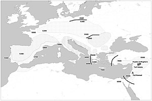 Map of the spread of Neolithic farming cultures from the Near-East to Europe, with dates.