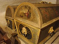 Ornately decorated coffins of Duke Friedrich of Württemberg-Neuenstadt and his wife Duchess Clara Augusta of Braunschweig-Wolfenbüttel in the burial vault of St. Nicholas Church in Neuenstadt am Kocher, Germany.