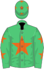 Emerald green, orange star, emerald green sleeves, orange stars and cap