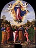 Palma Vecchio, Assumption of Mary, who is removing her belt as Thomas (above the head of the apostle in green) hurries to the scene
