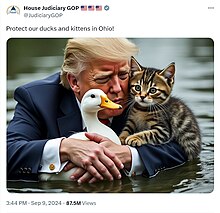 A Twitter post with an AI-generated picture of Donald Trump hugging a cat and a duck