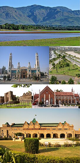 From top, left to right: Rawal Lake, Gulshan Dadan Khan Mosque, Bahria Town, Rawat Fort, Christ Church, Rawalpindi Railway Station
