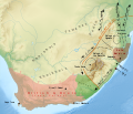 Image 36The rise of the Zulu Empire   under Shaka forced other chiefdoms and clans to flee across a wide area of southern Africa. Clans fleeing the Zulu war zone   included the Soshangane, Zwangendaba, Ndebele, Hlubi, Ngwane, and the Mfengu. Some clans were caught between the Zulu Empire and advancing Voortrekkers and British Empire   such as the Xhosa  . (from History of South Africa)