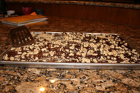 Chocolate sheet cake topped with nuts