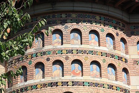 Moldavian style ceramic medallions on the facade of the Saint Nicholas Princely Church, Iași, Romania, originally 1485, restored in c.1888