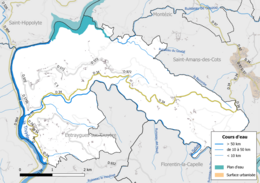 Carte en couleur présentant le réseau hydrographique de la commune