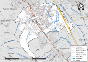 Carte en couleur présentant le réseau hydrographique de la commune