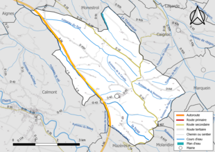 Carte en couleur présentant le réseau hydrographique de la commune