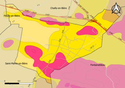 Carte montrant en couleurs le zonage géologique simplifié d'une commune