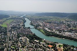 Aerial View: Rheinfelden (Aargau) left and Rheinfelden (Baden-Württemberg) right of the Rhine