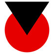 A black triangle overlaps a the upper part of a red circle.