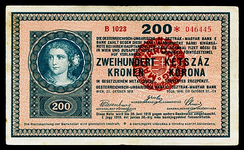Two-hundred Hungarian korona at Paper money of the Hungarian korona, by the Austro-Hungarian Bank and the Kingdom of Hungary