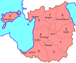 Livland och dess kretsindelning: (1) Walk, (2) Wenden, (3) Werro, (4) Wolmar, (5) Pernau, (6) Riga, (7) Fellin, (8) Arensburg (Ösel) och (9) Dorpat.