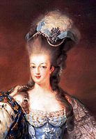Marie Antoinette wearing the distinctive pouf style coiffure; her own natural hair is extended on the top with an artificial hairpiece.