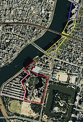 枠色は同様 原爆スラムは消滅した 1988年。国土交通省 国土地理院 地図・空中写真閲覧サービスの空中写真を基に作成