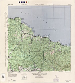 Political map of northeastern Jamaica showing the local relief, roads, and communities.