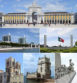 Clockwise, from top: Praça do Comércio, Parque Eduardo VII, Padrão dos Descobrimentos, Torre de Belém, the Sé de Lisboa, and Parque das Nações.