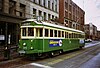 A Waterfront Streetcar tram eastbound on Main Street, at the Occidental Park stop in 1994