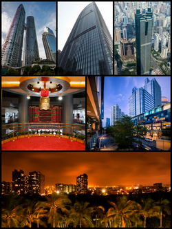 左上から時計回り：東海国際中心、京基100、信興広場、深圳海岸城、深圳湾の夜景、深圳証券取引所