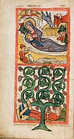 The butler's dream paired with the Nativity in a manuscript Speculum humanae salvationis, Rhineland, 1360s.[24]